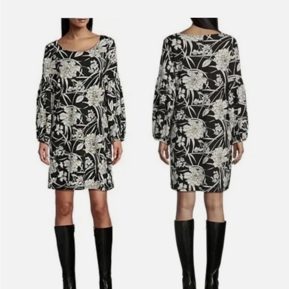 bryn Walker Black and White Floral Long Sleeve Dress NWT Size XL